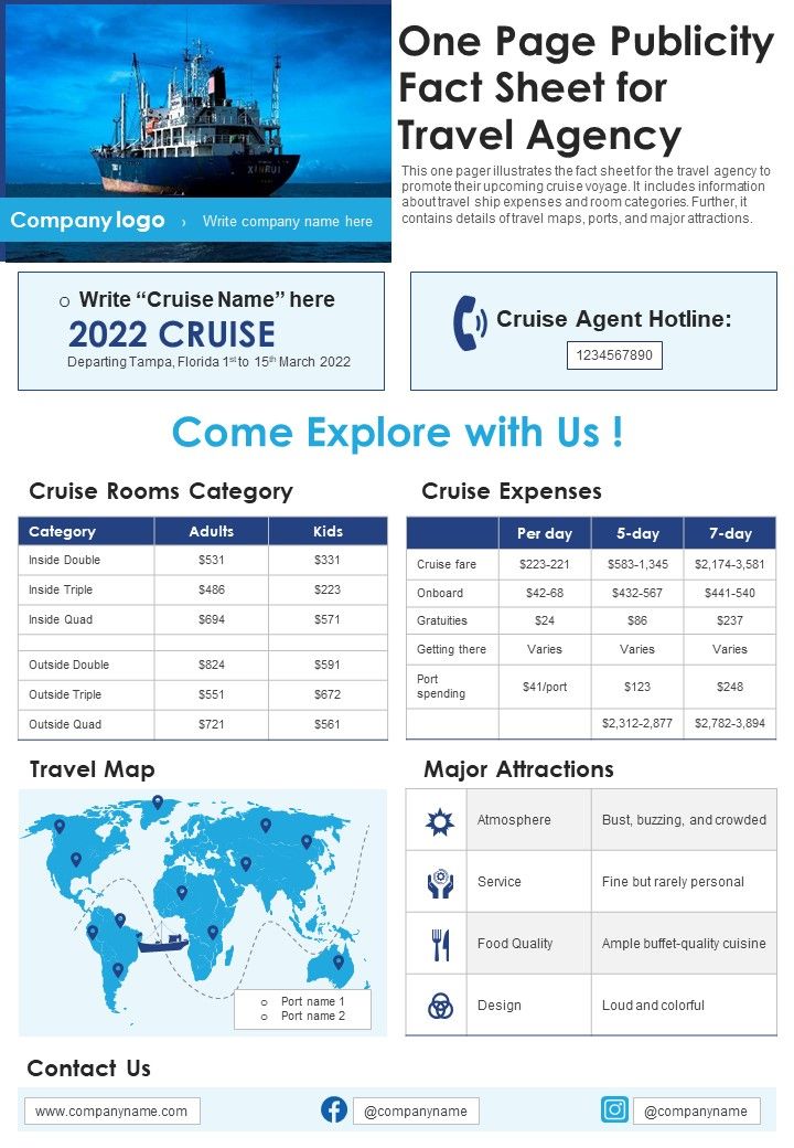 One Page Publicity Fact Sheet For Travel Agency PDF Document PPT Template Slide01