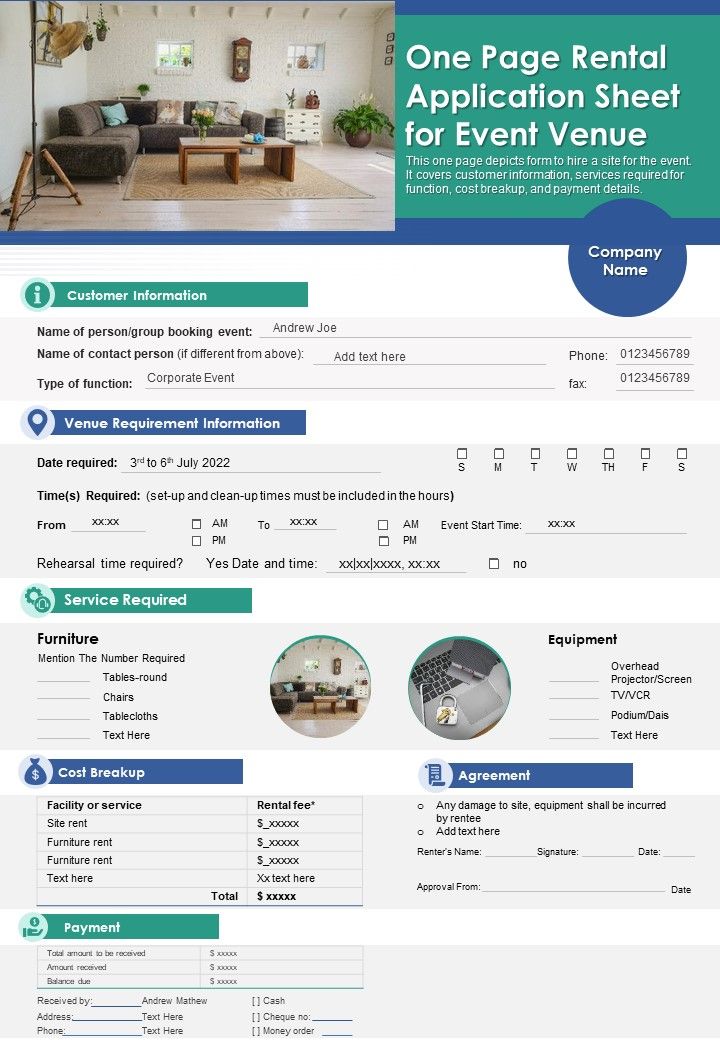One Page Rental Application Sheet For Event Venue PDF Document PPT Template Slide01