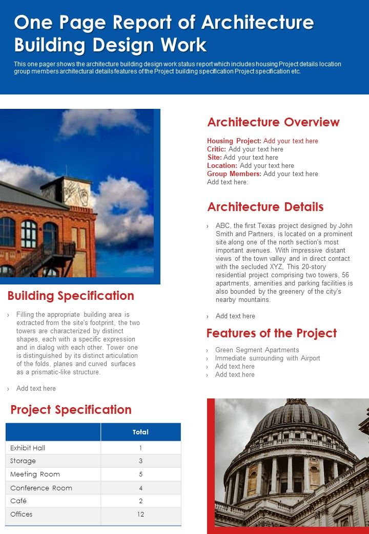 One Page Report Of Architecture Building Design Work PDF Document PPT Template Slide01