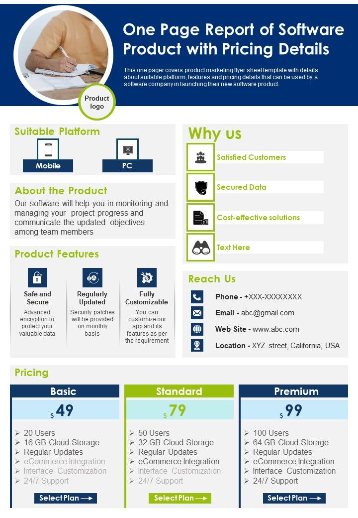 One Page Report Of Software Product With Pricing Details PDF Document PPT Template Slide01