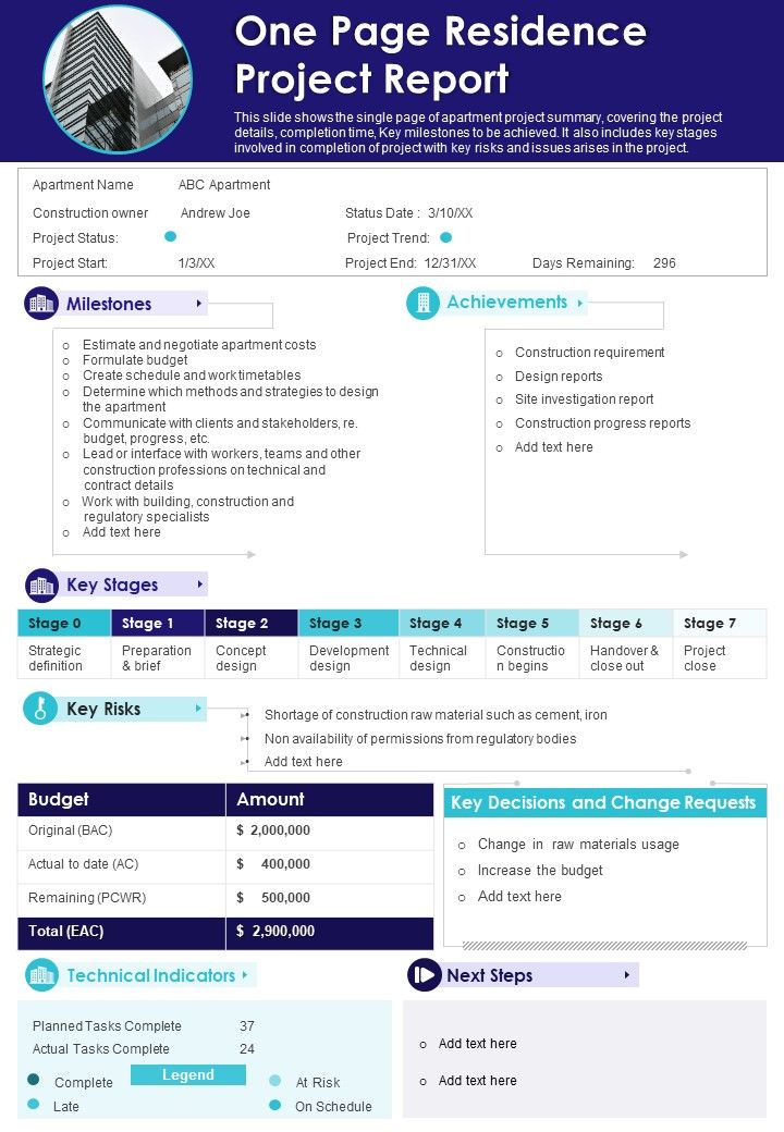 One Page Residence Project Report PDF Document PPT Template Slide01
