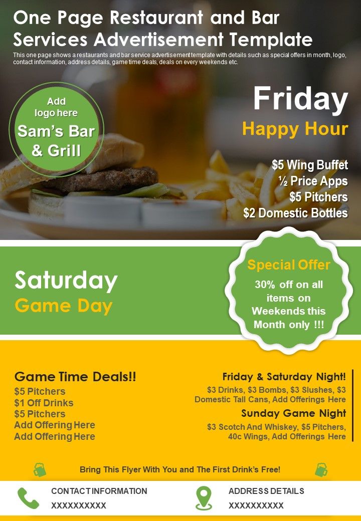 One Page Restaurant And Bar Services Advertisement Template PDF Document PPT Template Slide01