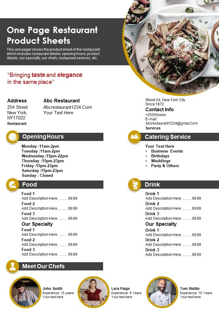 One Page Restaurant Product Sheets PDF Document PPT Template Slide01
