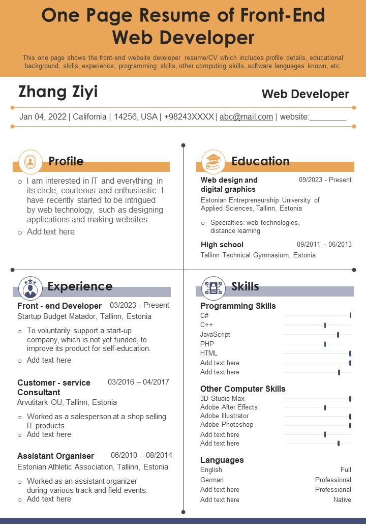 One Page Resume Of Front-End Web Developer PDF Document PPT Template Slide01