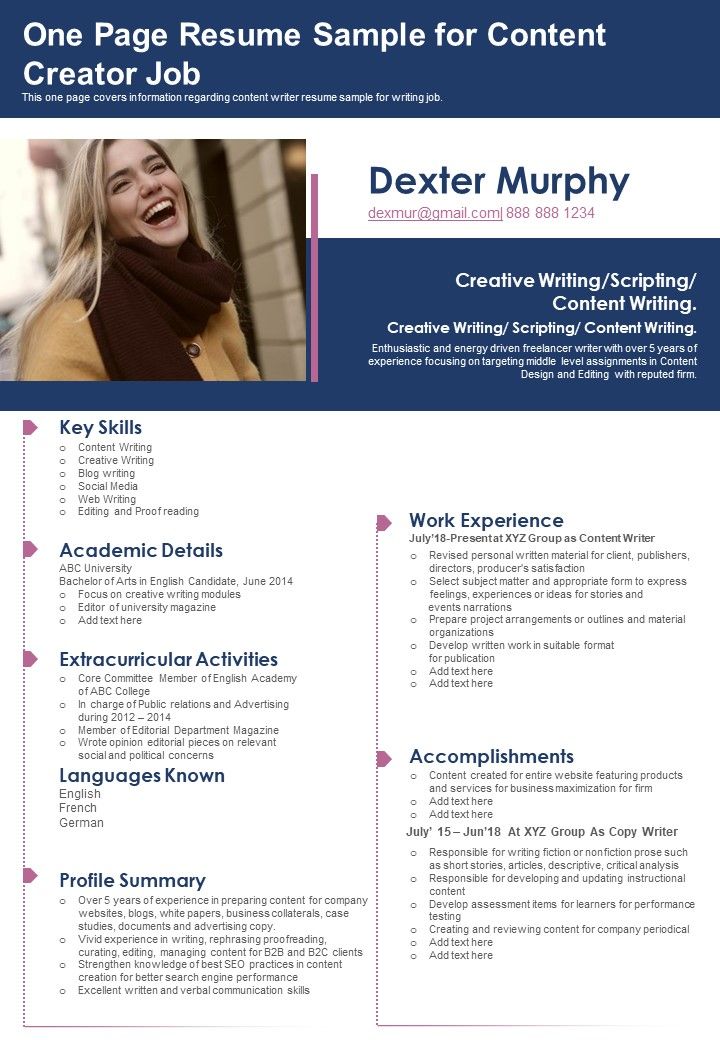 One Page Resume Sample For Content Creator Job PDF Document PPT Template Slide01
