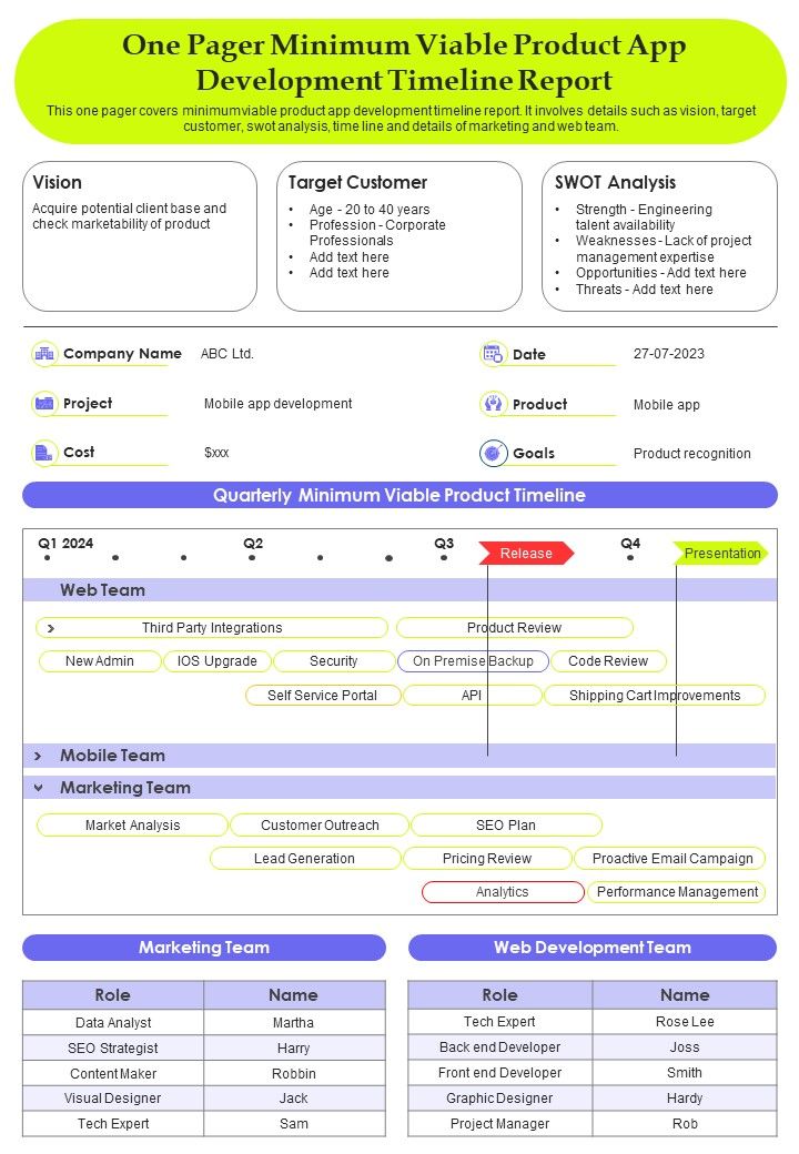 One Page Roadmap For Minimum Viable Product App Development PDF Document PPT Template Slide01