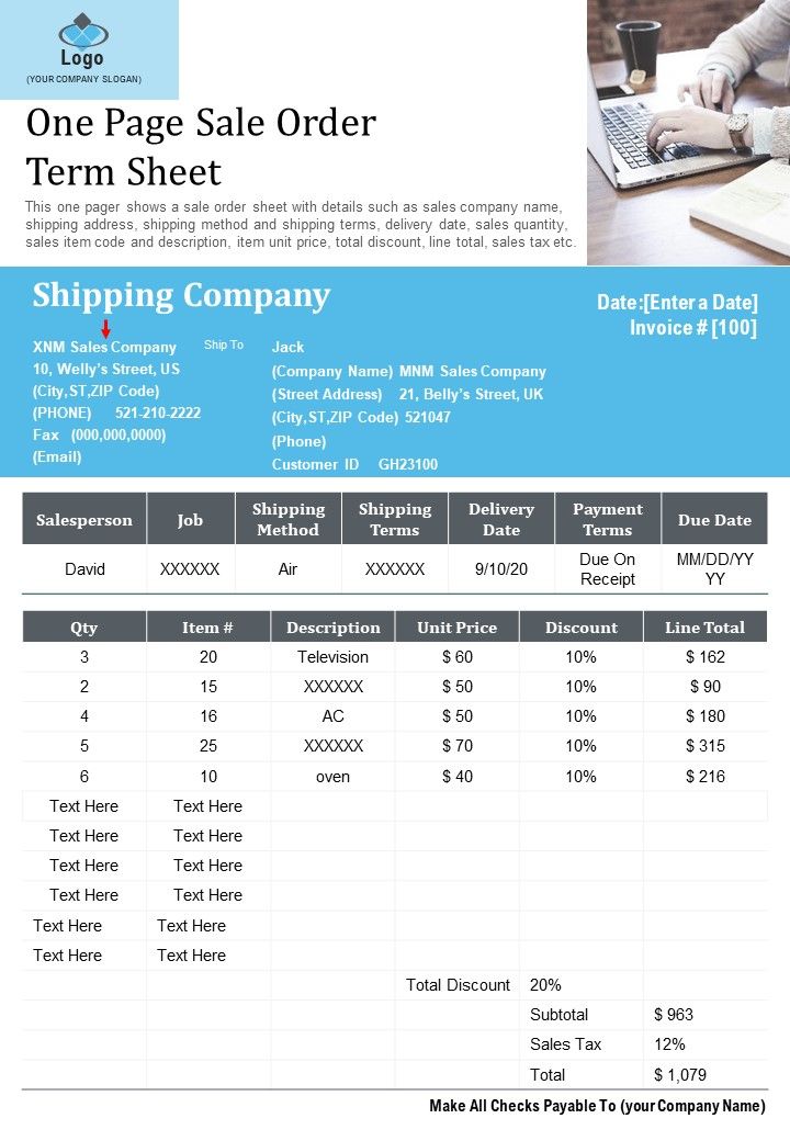 One Page Sale Order Term Sheet PDF Document PPT Template Slide01