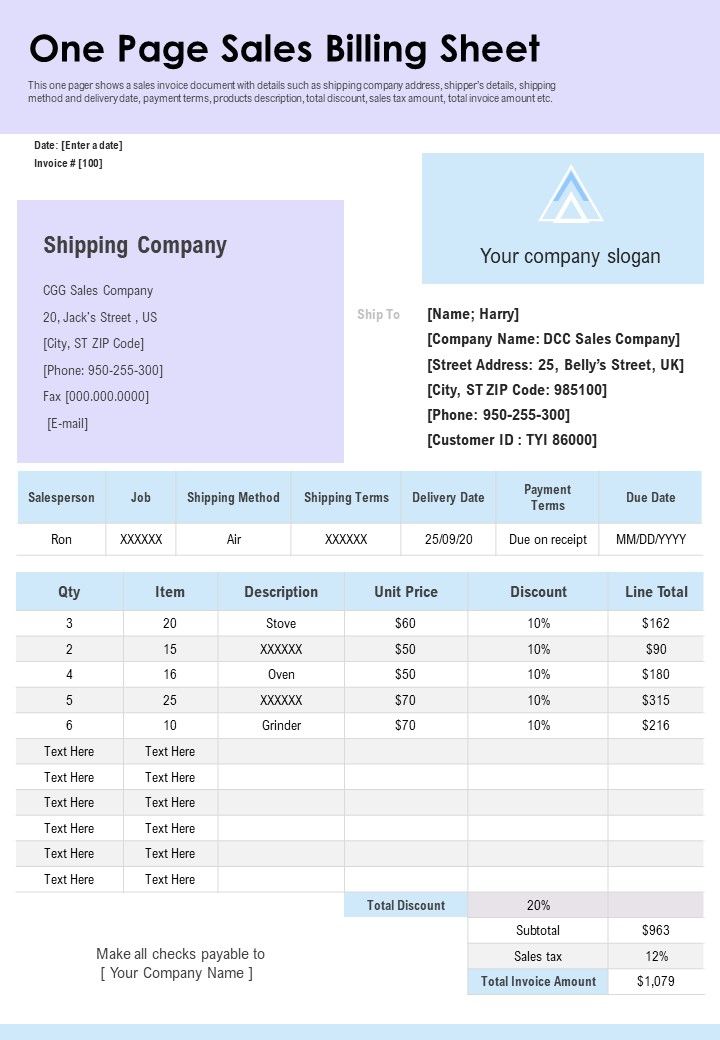 One Page Sales Billing Sheet PDF Document PPT Template Slide01