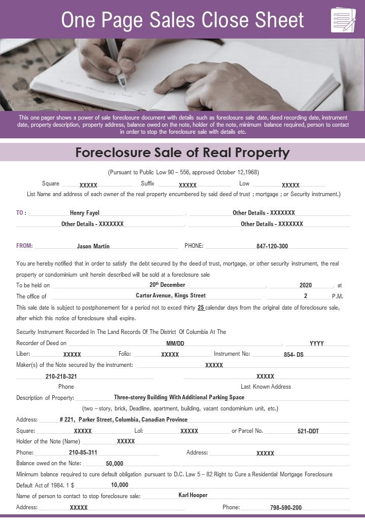 One Page Sales Close Sheet PDF Document PPT Template Slide01