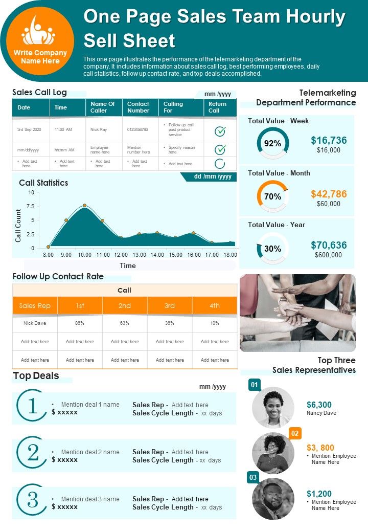 One Page Sales Team Hourly Sell Sheet PDF Document PPT Template Slide01