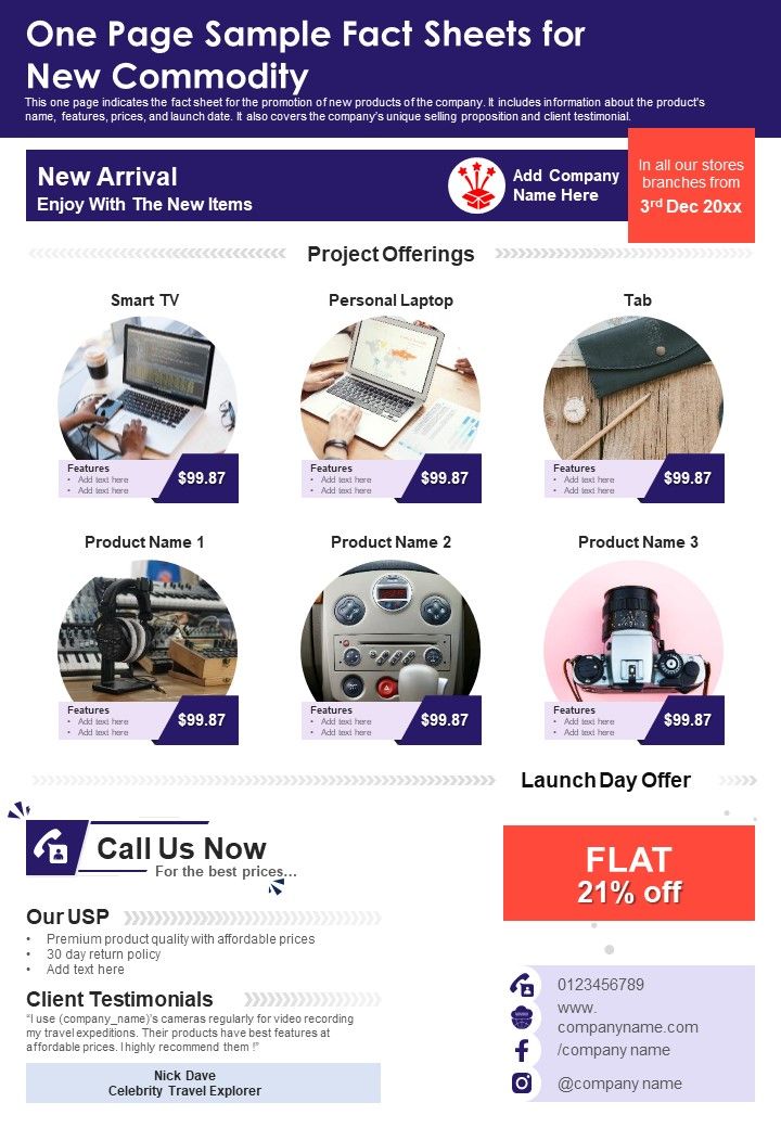 One Page Sample Fact Sheets For New Commodity PDF Document PPT Template Slide01