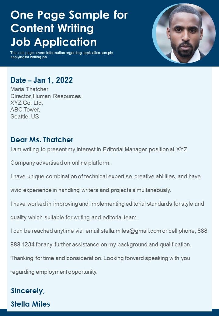 One Page Sample For Content Writing Job Application PDF Document PPT Template Slide01