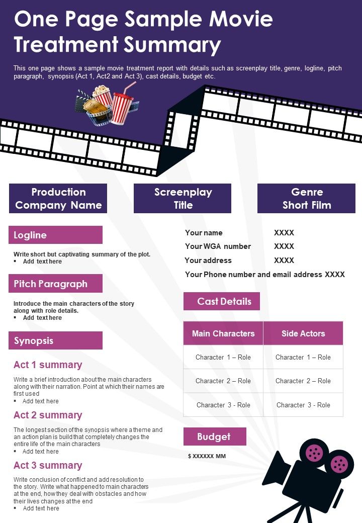 One Page Sample Movie Treatment Summary PDF Document PPT Template Slide01