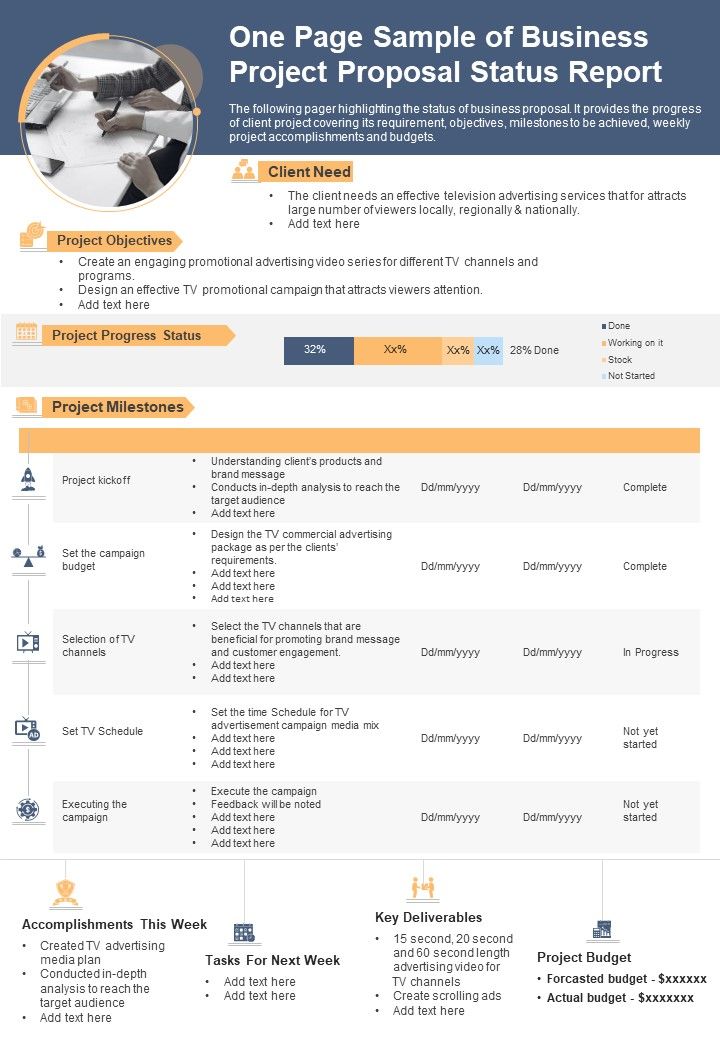 One Page Sample Of Business Project Proposal Status Report PDF Document PPT Template Slide01