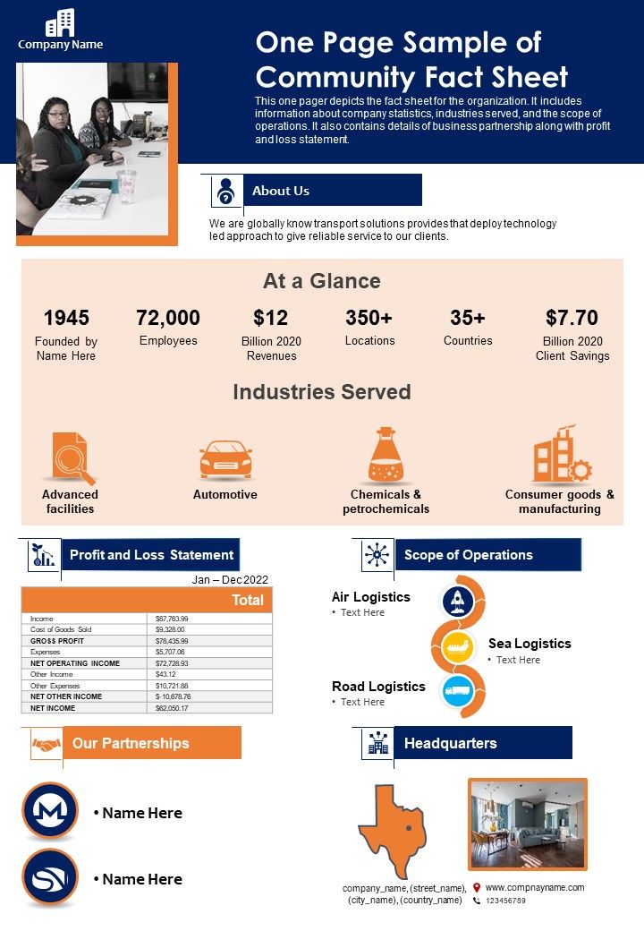 One Page Sample Of Community Fact Sheet PDF Document PPT Template Slide01