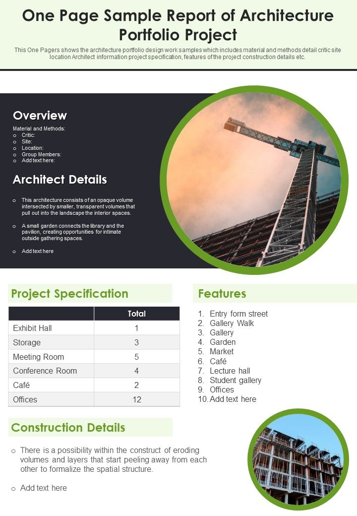 One Page Sample Report Of Architecture Portfolio Project PDF Document PPT Template Slide01