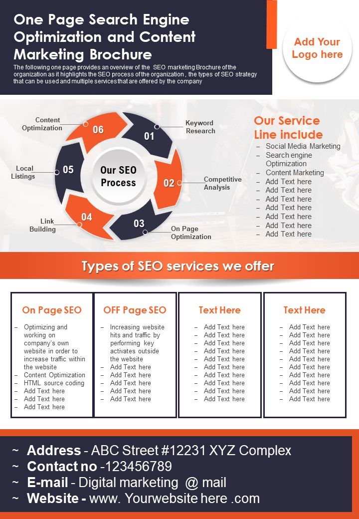 One Page Search Engine Optimization And Content Marketing Brochure PDF Document PPT Template Slide01