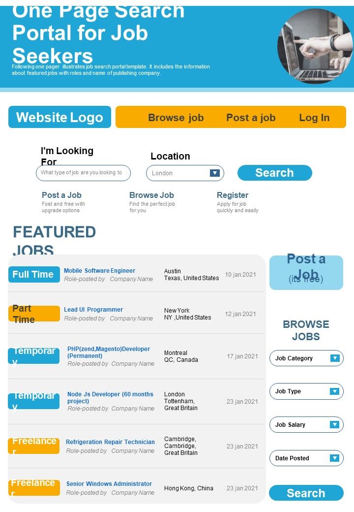 One Page Search Portal For Job Seekers PDF Document PPT Template Slide01