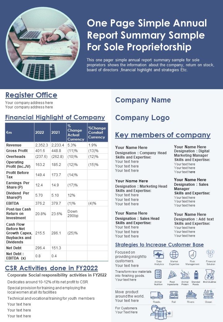 One Page Simple Annual Report Summary Sample For Sole Proprietorship PDF Document PPT Template Slide01