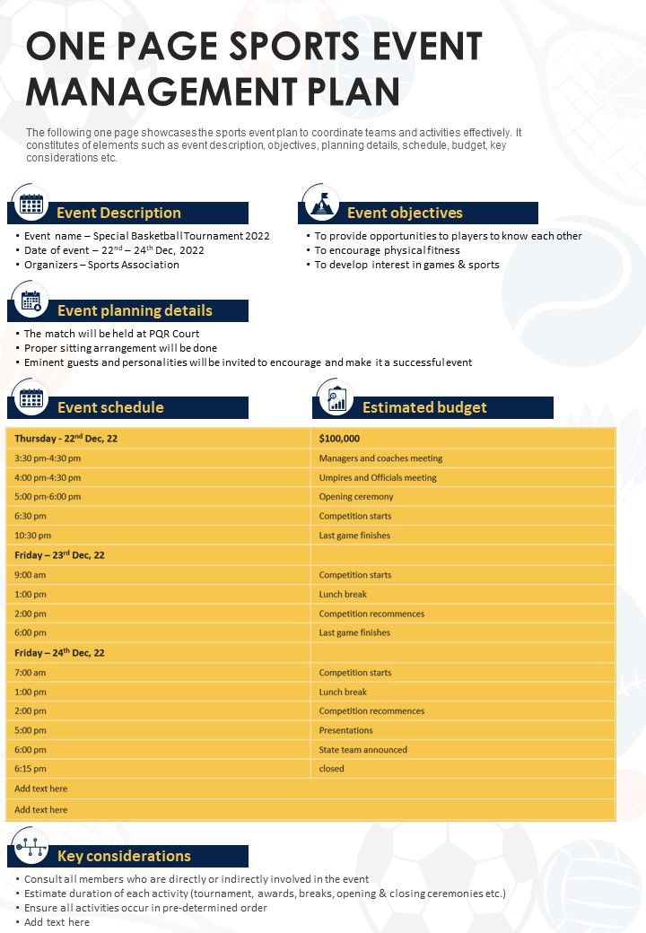 One Page Sports Event Management Plan PDF Document PPT Template Slide01