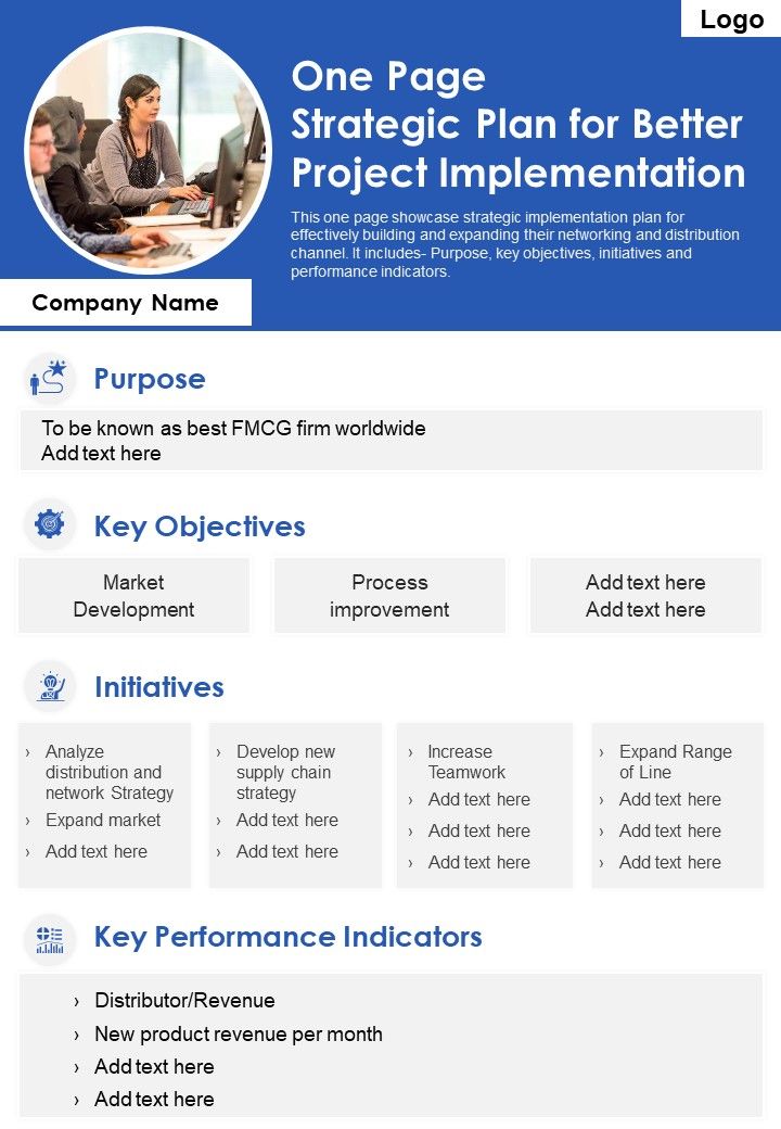 One Page Strategic Plan For Better Project Implementation PDF Document PPT Template Slide01