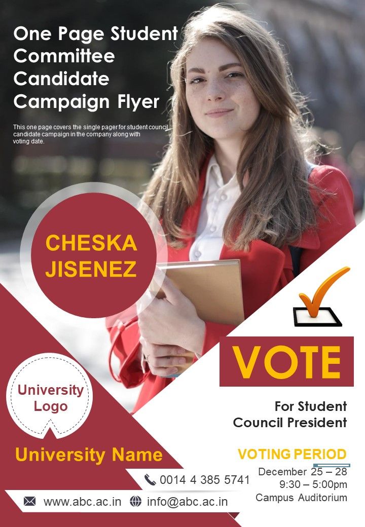 One Page Student Committee Candidate Campaign Flyer PDF Document PPT Template Slide01