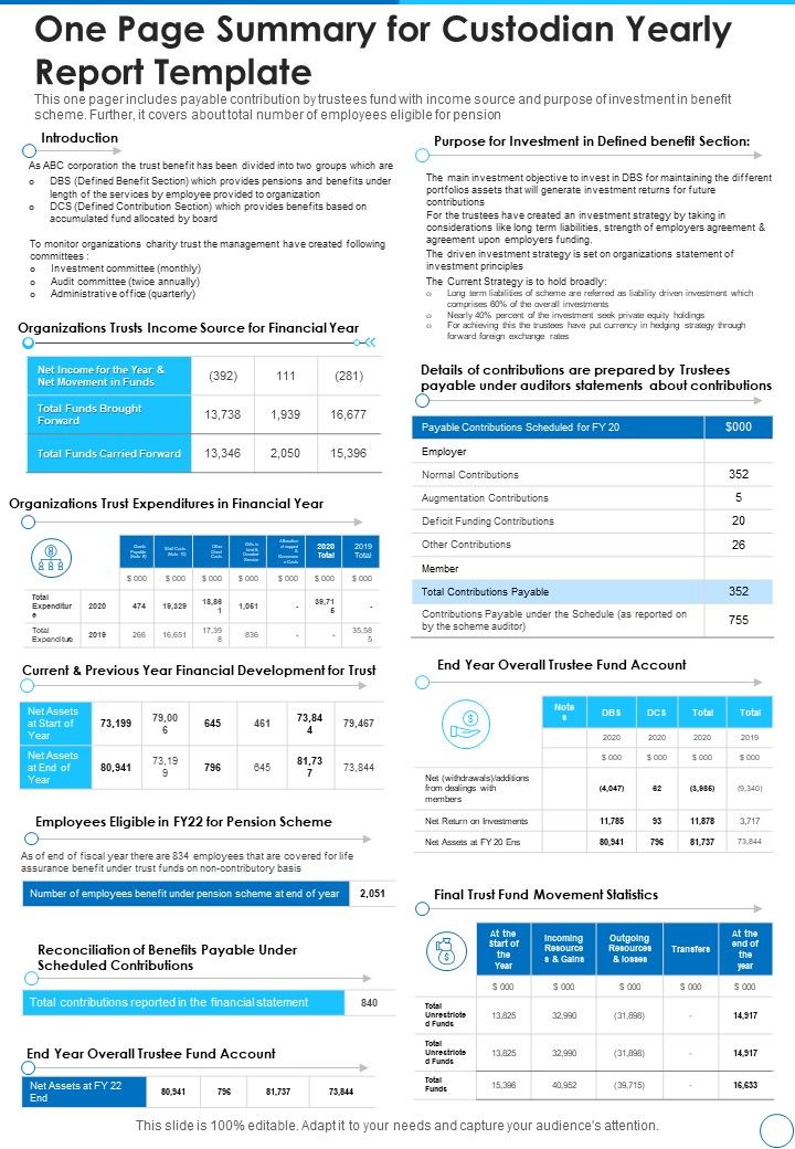 One Page Summary For Custodian Yearly Report Template One Pager Documents Slide01