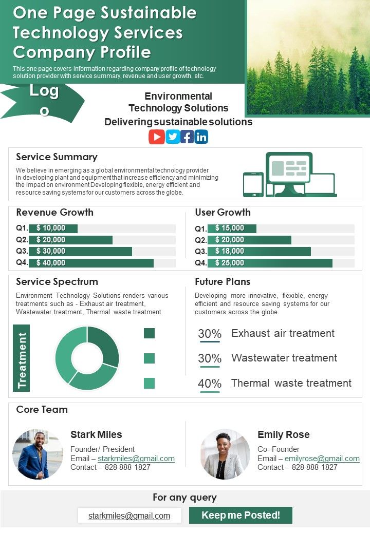 One Page Sustainable Technology Services Company Profile PDF Document PPT Template Slide01