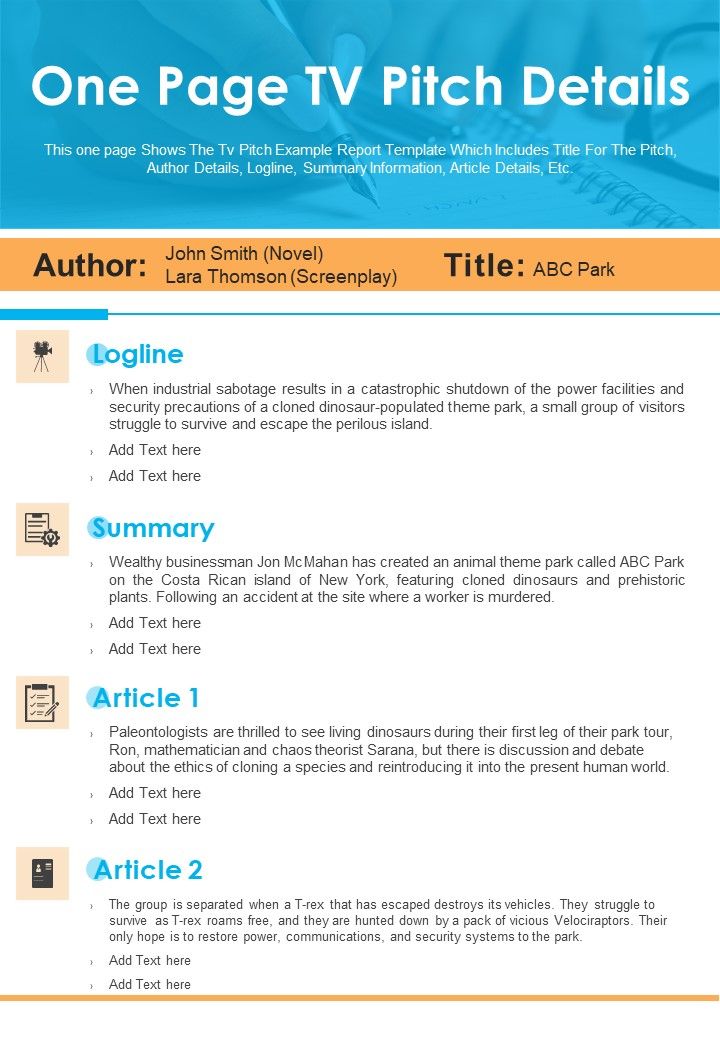 One Page TV Pitch Details PDF Document PPT Template Slide01