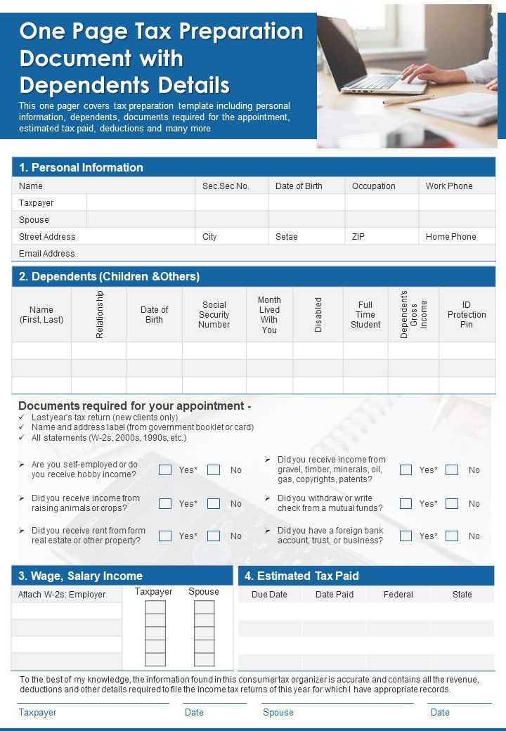 One Page Tax Preparation Document With Dependents Details PDF Document PPT Template Slide01
