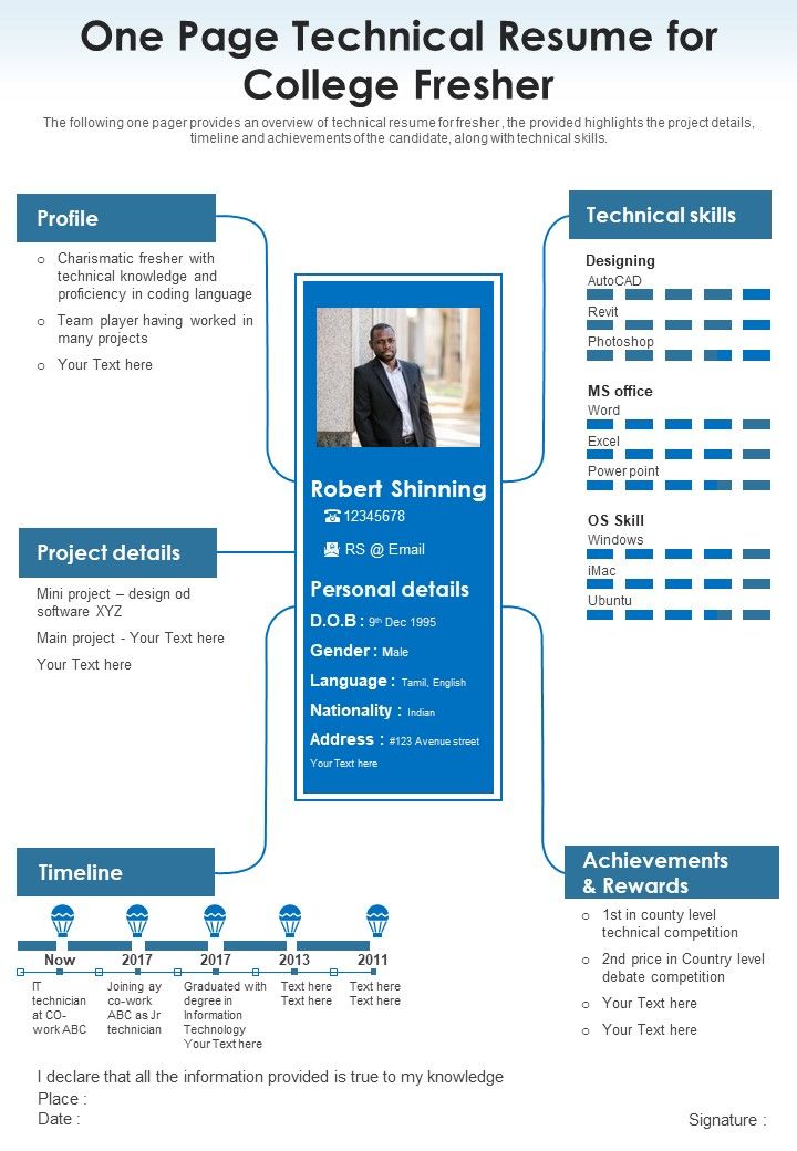 One Page Technical Resume For College Fresher PDF Document PPT Template Slide01