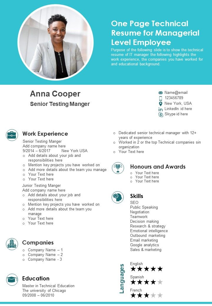 One Page Technical Resume For Managerial Level Employee PDF Document PPT Template Slide01