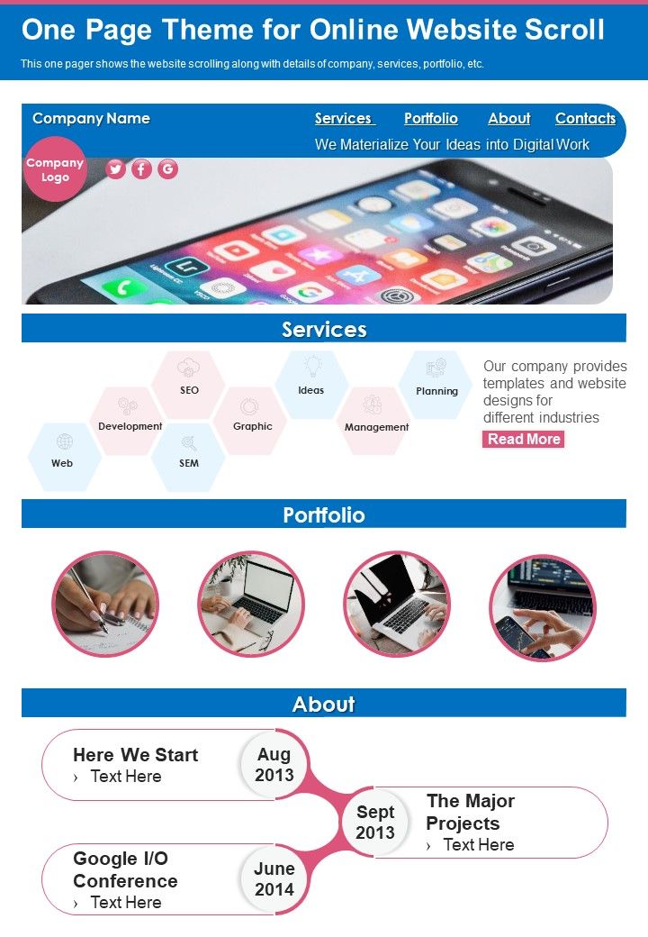 One Page Theme For Online Website Scroll PDF Document PPT Template Slide01