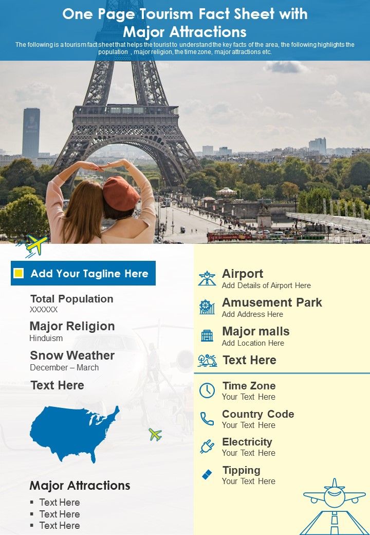 One Page Tourism Fact Sheet With Major Attractions PDF Document PPT Template Slide01