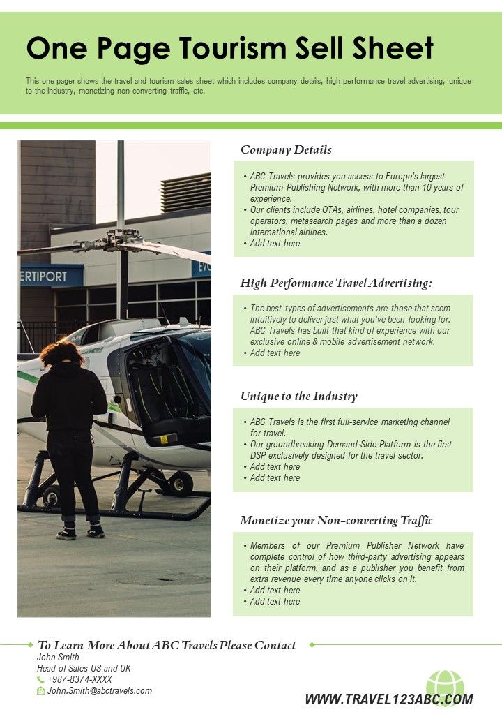 One Page Tourism Sell Sheet PDF Document PPT Template Slide01