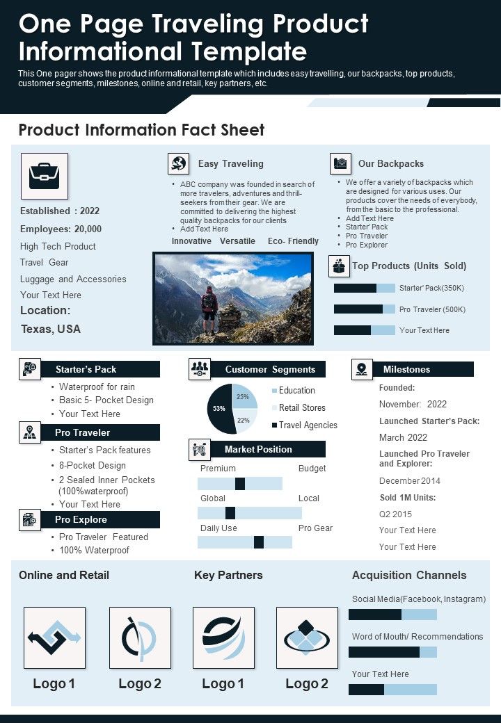 One Page Traveling Product Informational Template PDF Document PPT Template Slide01