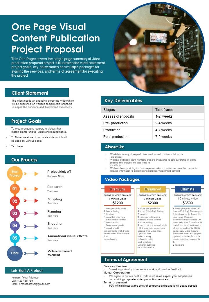 One Page Visual Content Publication Project Proposal PDF Document PPT Template Slide01