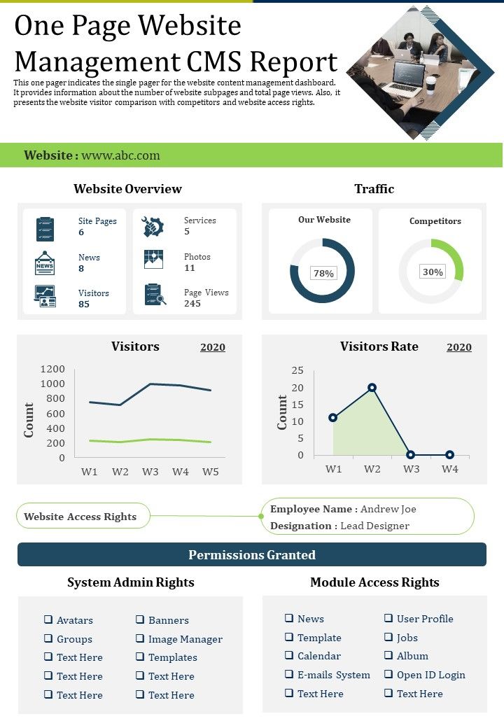 One Page Website Management CMS Report PDF Document PPT Template Slide01