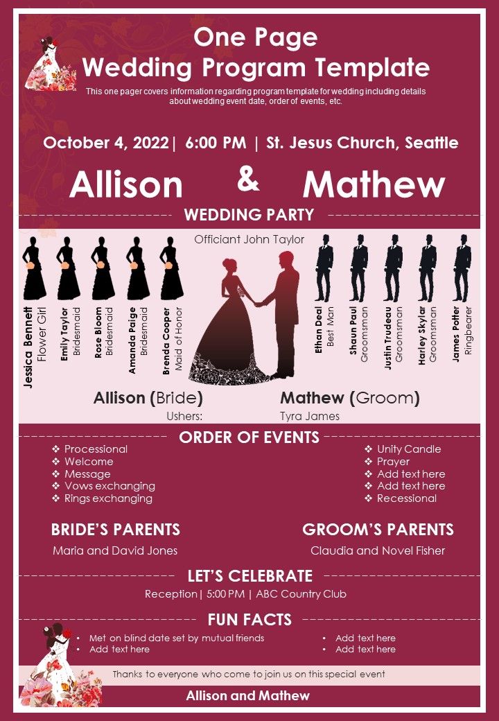 One Page Wedding Program Template PDF Document PPT Template Slide01