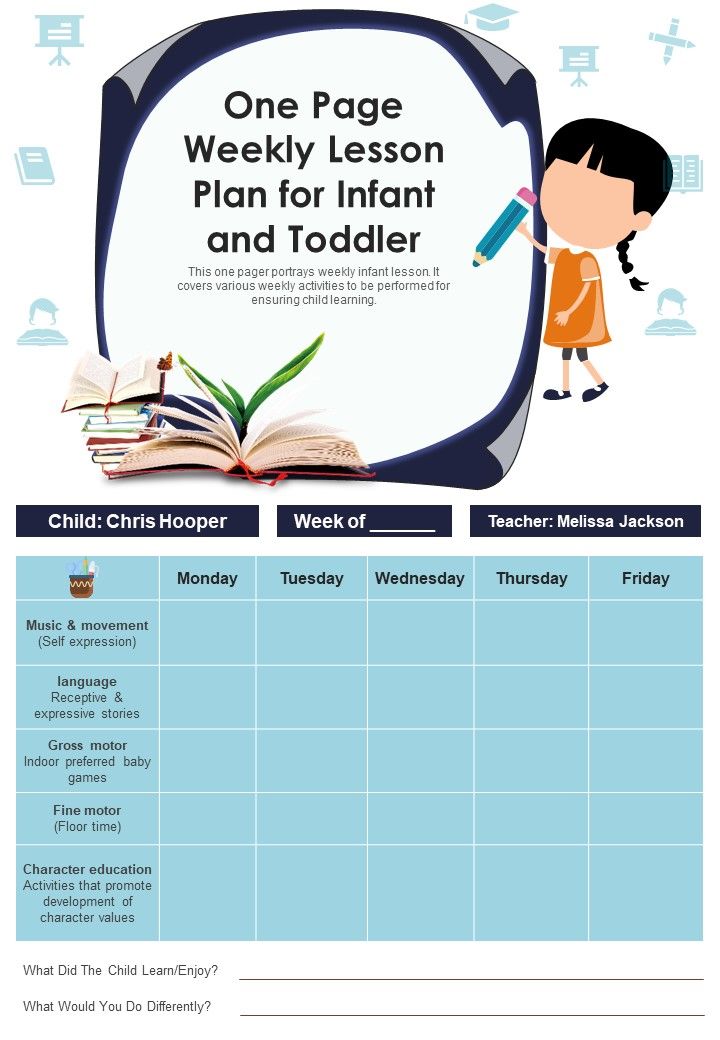 One Page Weekly Lesson Plan For Infant And Toddler PDF Document PPT Template Slide01