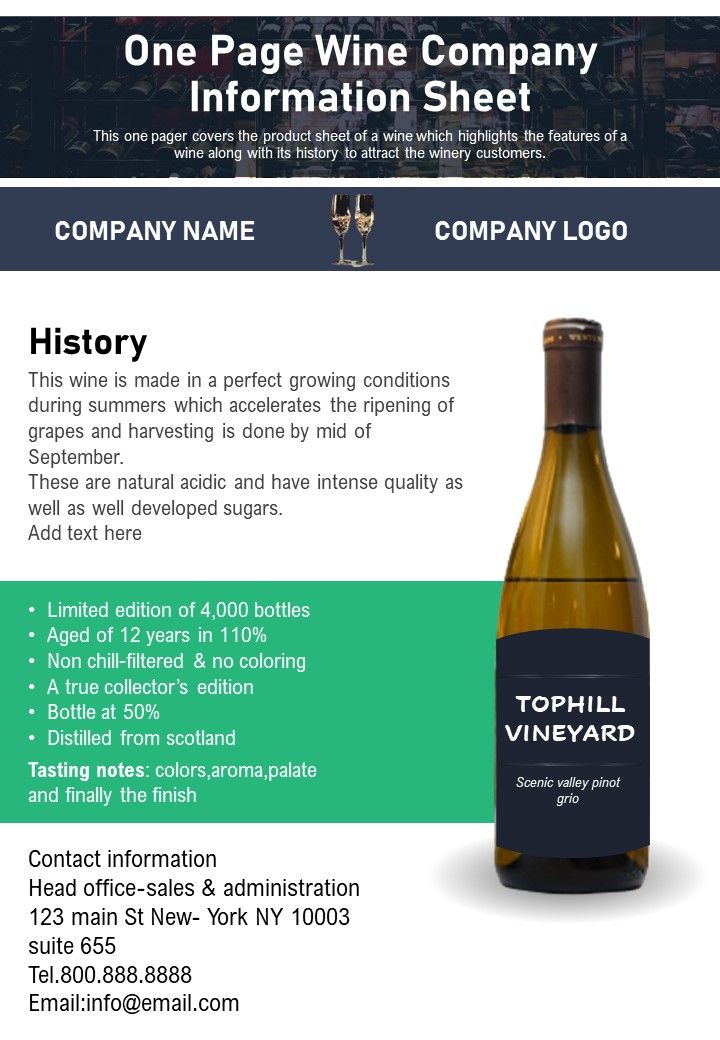One Page Wine Company Information Sheet PDF Document PPT Template Slide01