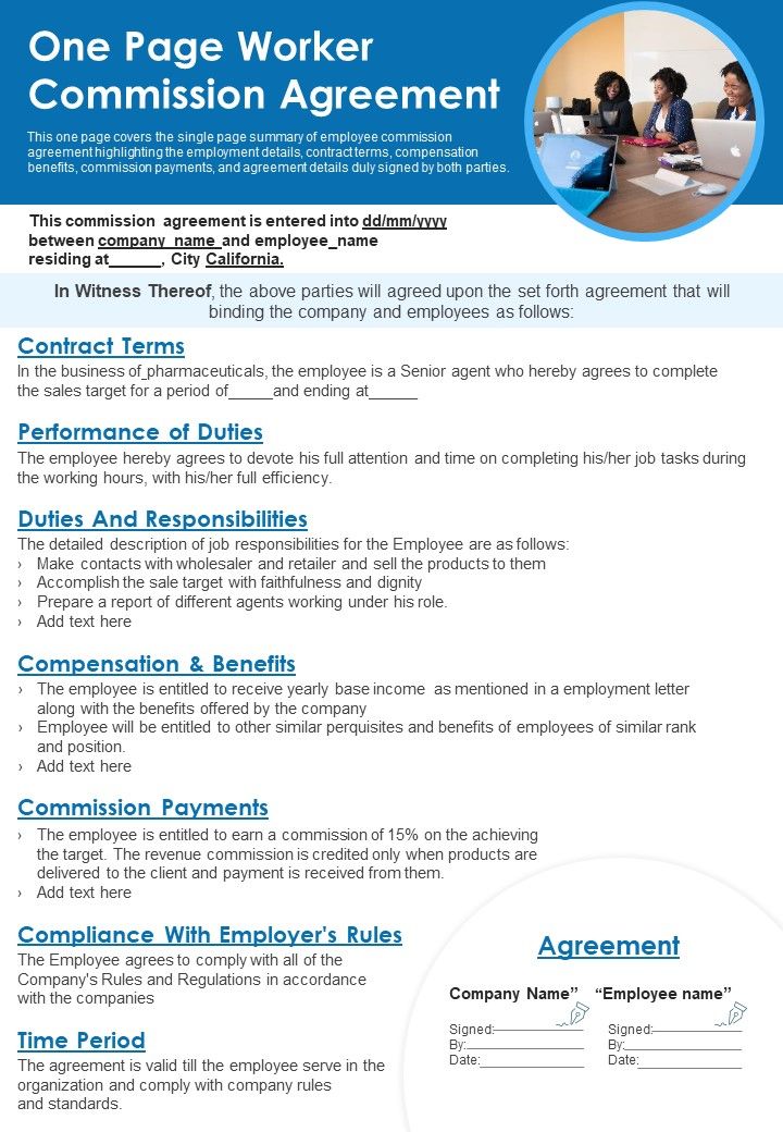 One Page Worker Commission Agreement PDF Document PPT Template Slide01