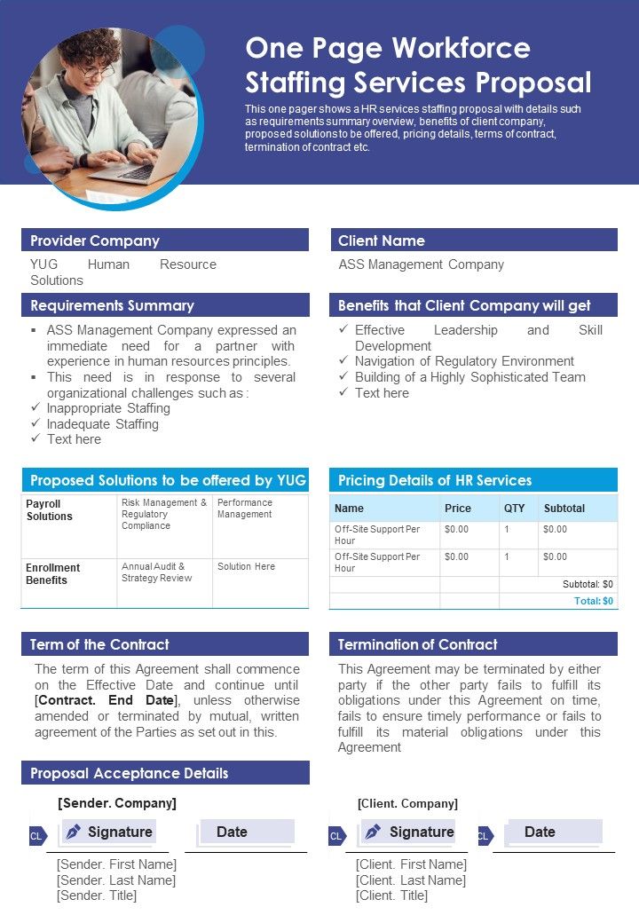 One Page Workforce Staffing Services Proposal PDF Document PPT Template Slide01