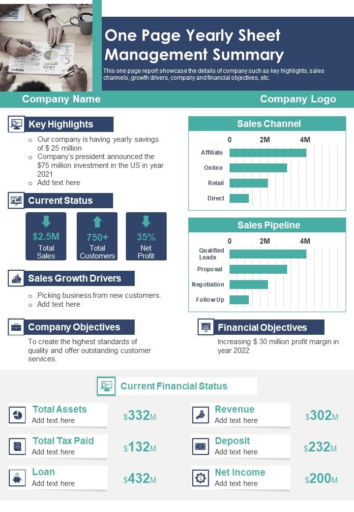 One Page Yearly Sheet Management Summary PDF Document PPT Template Slide01