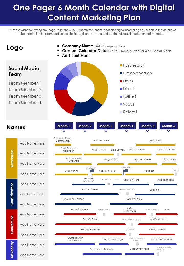 One Pager 6 Month Calendar With Digital Content Marketing Plan PDF Document PPT Template Slide01