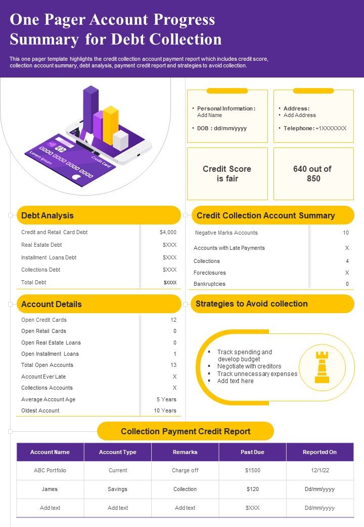One Pager Account Progress Summary For Debt Collection PDF Document PPT Template Slide01