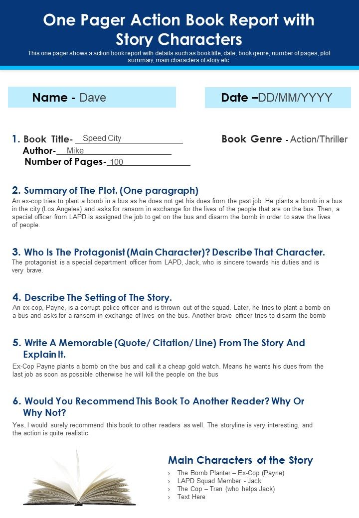 One Pager Action Book Report With Story Characters PDF Document PPT Template Slide01