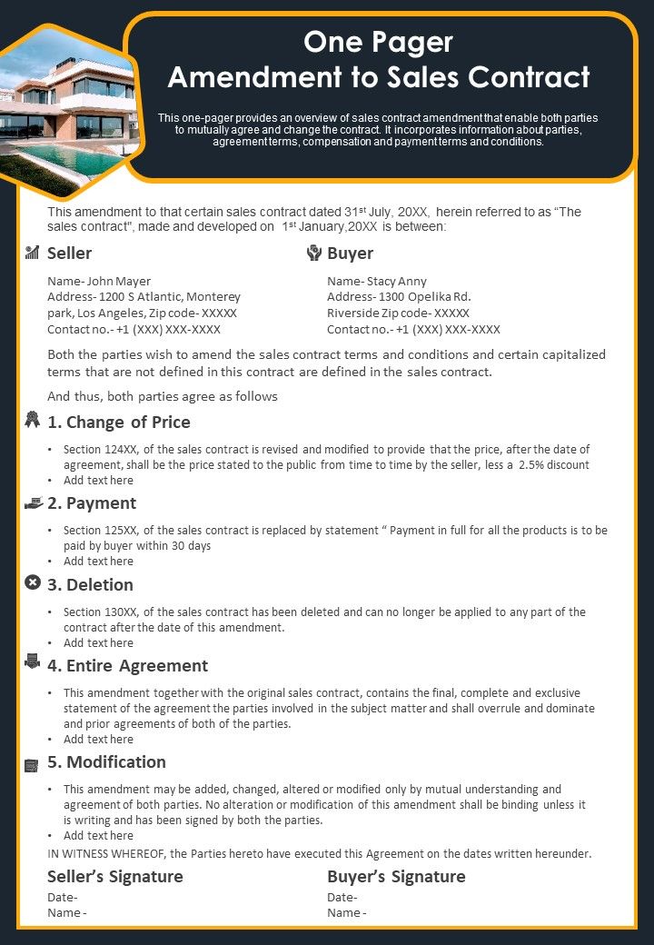 One Pager Amendment To Sales Contract PDF Document PPT Template Slide01