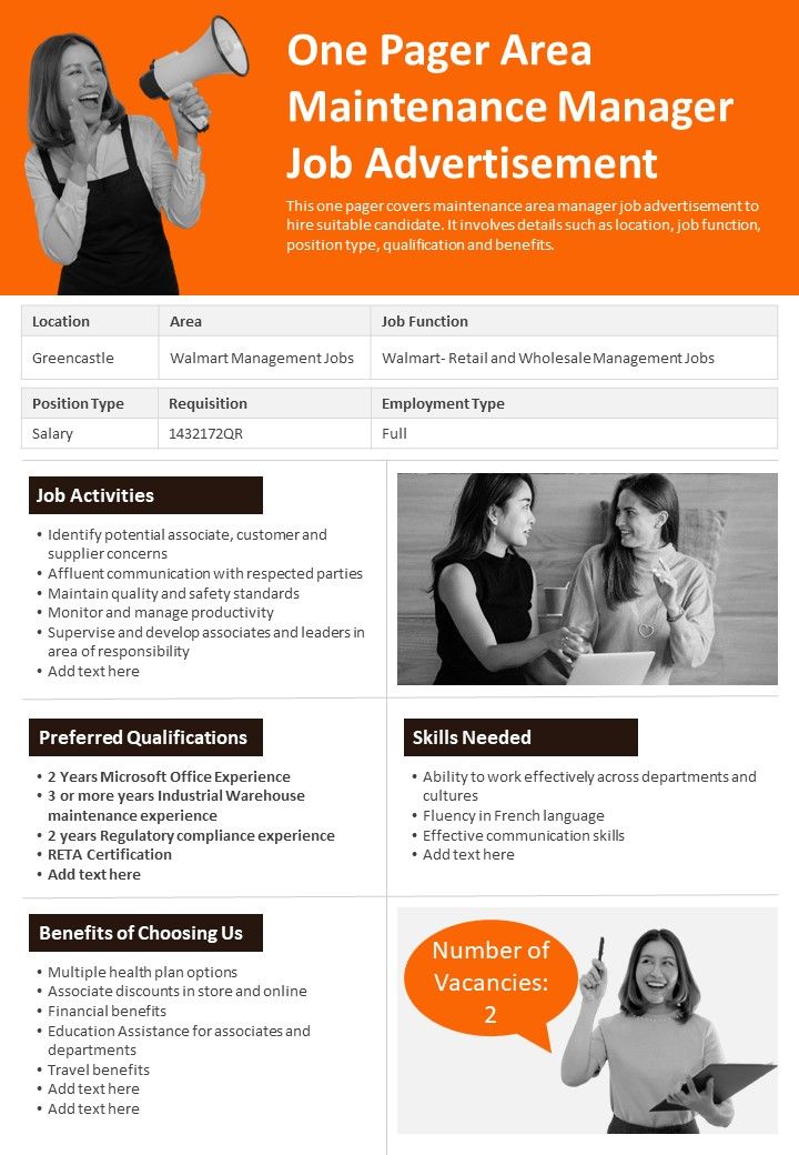 One Pager Area Maintenance Manager Job Advertisement PDF Document PPT Template Slide01