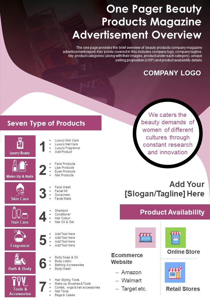 One Pager Beauty Products Magazine Advertisement Overview PDF Document PPT Template Slide01